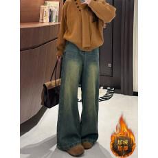 批发<b class='q'>大码</b>复古做旧加绒加厚牛仔<b class='q'>裤</b>女胖mm美式高街阔腿高腰显瘦直筒<b class='q'>裤</b>子