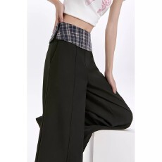 批发大码格子拼接西装阔腿裤子女夏季2026新款高腰宽松bf慵懒休闲<b class='q'>长裤</b>