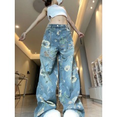 批发美式复古花卉印花牛仔裤<b class='q'>男</b>夏季设计感小众宽松直筒阔腿拖地裤子潮