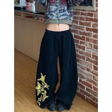 批发美式复古慵懒风星星印花抽绳阔腿卫裤<b class='q'>男</b>女<b class='q'>休闲</b>垂感百搭拖地<b class='q'>长裤</b>潮