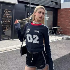 批发美式潮牌运动撞色拼接圆领长袖<b class='q'>T</b><b class='q'>恤</b>女秋季新款修身显瘦纯棉上衣服