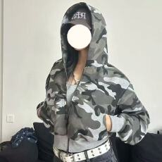 批发2025秋季新款欧美风迷彩高街拉链开衫<b class='q'>短款</b>卫衣连帽<b class='q'>外套</b>