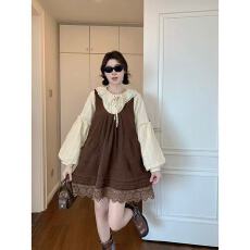 批发秋季洋气甜美个性娃娃领长袖衬衫花边背带<b class='q'>连衣裙</b>两件套装