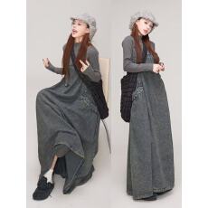 批发美式复古炒盐水洗做旧蓝牛仔<b class='q'>背带</b>裙女秋冬宽松显瘦气质大摆连衣裙