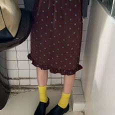 批发复古波点木耳边直筒半身裙春秋女中长款百搭宽松花边裙子