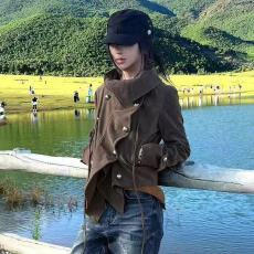 批发美式复古<b class='q'>街头</b>枯木棕美拉德色系高冷宽松不规则设计感外套女冬新款
