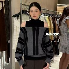 批发韩系复古撞色条纹<b class='q'>一字领</b>露肩蝙蝠袖毛衣半高领针织背心两件套装女