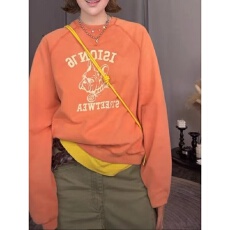 批发美式复古风字母印花圆领卫衣女外穿早秋新款宽松套头慵懒风上衣潮