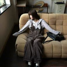 批发灰咖色秋冬新款雪尼尔厚实长裤学院风古早百搭女阔腿背带裤女