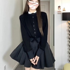 批发高级感气质百搭黑色<b class='q'>针织</b>长袖开衫上衣女装秋季高腰蓬蓬短裙两件套