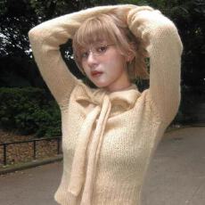 批发2025秋<b class='q'>冬</b>新款慵懒风软糯蝴蝶结饰提花图案镂空通勤可爱针织衫毛衣