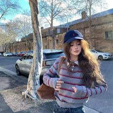 批发韩系条纹拼色翻领高级感针织衫毛衣女2025秋季宽松显瘦设计感上衣