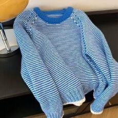 批发蓝色条纹针织衫毛衣女2025秋冬<b class='q'>大码</b>胖mm显瘦正肩<b class='q'>打底衫</b>慵懒风上衣