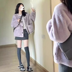 批发韩系独特超好看紫色皮毛一体外套女2025年<b class='q'>秋</b>冬季新款减龄气质上衣