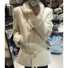 批发冬季新款千金温柔风毛领翻领腰带收腰气质<b class='q'>中长款</b>奶白色外套上衣女