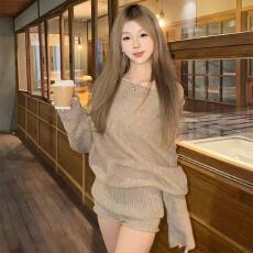 韩系辣妹套装秋冬新款斜肩上衣女纯色套头毛衣高腰短裤针织两件套