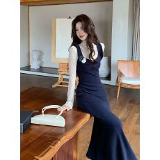 批发韩版纯欲U领针织<b class='q'>背心裙</b>套装女秋冬款半高领<b class='q'>蕾丝</b>打底衫包臀鱼尾裙