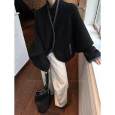 批发2025秋冬暗夜黑色落肩廓形宽松显瘦百搭毛呢外套上衣<b class='q'>女</b>