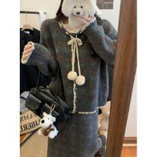 批发法式复古风花边<b class='q'>套装</b>女夏季2025新款系带毛衣外套半身裙针织两件套