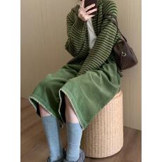 批发2025秋冬女新款版型超好的小个子直筒休闲绿色灯芯绒阔腿<b class='q'>七分</b>裤子