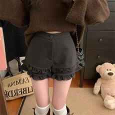 批发大码花边2025荷叶边<b class='q'>短裤</b>春<b class='q'>夏季</b>新款灰色高腰木耳边显瘦遮肉休闲裤