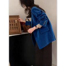 批发蓝色灯芯绒西装外套女2025新款<b class='q'>冬</b>阔太太洋气高贵宽松独特漂亮上衣