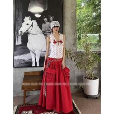 批发韩版新款v领波点无袖上衣+宽松碎褶立体盘花大摆裙长款半身裙套装