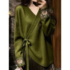 批发新中式国风橄榄绿色刺绣交叉领毛衣女秋冬复古针织衫改良<b class='q'>唐装</b><b class='q'>汉服</b>
