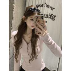 批发【格纹纽扣】韩系校园风长袖t恤女INS超火秋冬保暖上衣<b class='q'>服</b>