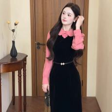 批发法式千金撞色丝绒<b class='q'>裙</b>2025秋<b class='q'>娃娃</b>领少女感连衣<b class='q'>裙</b>紧身遮肚