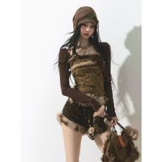 批发秋季辣妹风设计感撞色针织长袖上衣+毛毛小众绑带低腰<b class='q'>短裤</b>套装裙