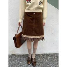 批发拼波点荷叶边织带半身裙女2025秋冬新款复古灯芯绒中裙子