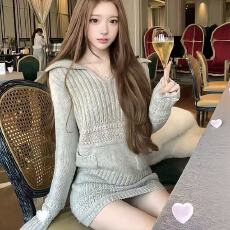 批发<b class='q'>韩版</b>慵懒风翻领绞花长袖针织衫半身裙两件套女秋冬气质高级感套装