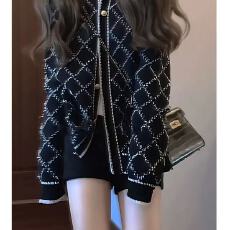 批发针织撞色圆领宽松女潮女开衫外套穿搭格纹高级感时尚<b class='q'>夏</b>季小香风