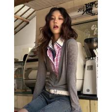 批发假两件针织<b class='q'>衬衫</b>女早秋季格纹撞色拼接<b class='q'>衬衣</b>辣妹polo领叠穿打底上衣