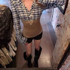 批发韩系<b class='q'>长袖</b>假两件抹胸拼接格纹衬衫女秋季新款修身显瘦衬衣潮小个子