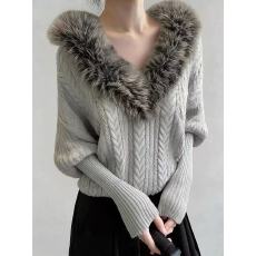 批发韩系复古大v领针织衫女秋冬穿搭毛领拼接蝙蝠袖毛衣<b class='q'>宽松</b>辣妹上衣