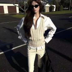 批发灵魂叠穿 马甲背心真两件套女v领针织上衣白色衬衫套装