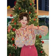 批发【彩色泡泡】加绒设计感小众彩色编织撞色花边衬衫+阔腿<b class='q'>长裤</b><b class='q'>套装</b>