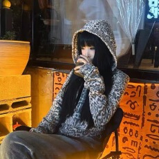 批发美式复古豹纹连帽<b class='q'>卫衣</b>短款外套女2025秋季新款显瘦拉链<b class='q'>开衫</b>上衣潮