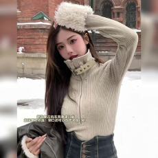 批发高领针织长袖<b class='q'>t</b><b class='q'>恤</b>打底衫女秋冬2025新系带拼接毛毛袖气质修身上衣