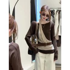 批发韩系撞色假两件男女长袖<b class='q'>t</b><b class='q'>恤</b>2025秋季款修身显瘦百搭打底衫上衣潮