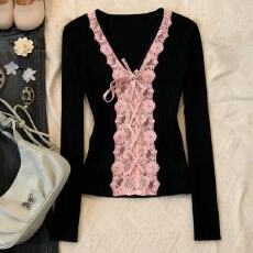 批发y2k古着原创美式复古千禧辣妹古早味上衣修身显瘦粉色蕾丝长袖女