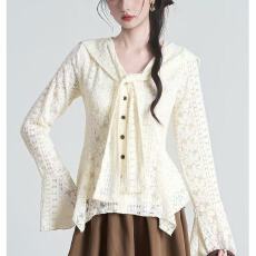 批发法式提花刺绣镂空披肩长袖蕾丝衫女不规则喇叭袖打底上衣
