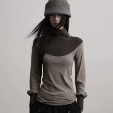 批发美式复古秋冬新款变化斜襟领口拼色长袖慵懒风内搭打底<b class='q'>T</b><b class='q'>恤</b>上衣潮