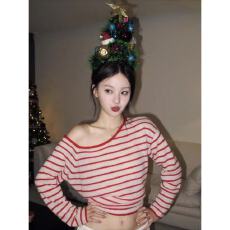 批发圣诞红色条纹斜肩长袖针织打底衫女秋<b class='q'>冬</b>辣妹短款纯欲修身内搭上衣