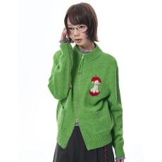 批发绿色设计苹果图案<b class='q'>马海毛</b>针织拉链<b class='q'>开衫</b>女秋冬休闲通勤百搭毛衣上衣