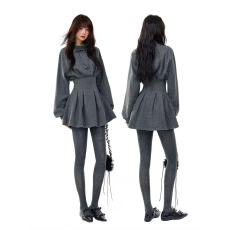 批发2025年冬季法式灰色波点收腰长袖连衣裙<b class='q'>衬衫</b>裙<b class='q'>女</b>秋冬短款裙子短裙