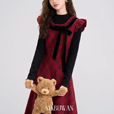 批发收腰显瘦a字长裙女装秋冬季新款减龄格纹假两件拼接连衣裙