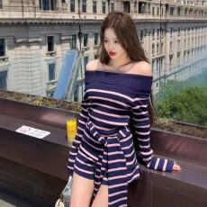 批发性感条纹露肩长袖针织衫女2025年秋季新款<b class='q'>时尚</b>抽绳高腰短裤三件套